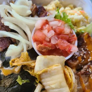 pork belly with side of lau, lomi, kim chee and pickle onions1