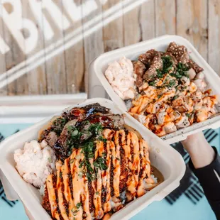 left: combo Furikake Crusted Salmon &amp; Chopped Steak right: Boneless Kalbi &amp; Pan Fried Poke