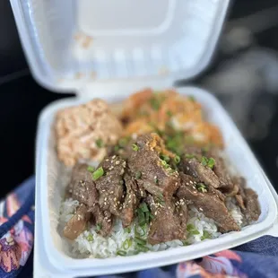 a plate of food with rice and meat