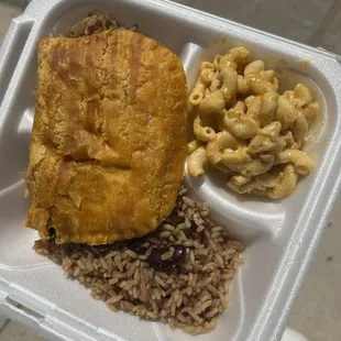 Jamaican Beef Patty - rice &amp; beans, Soca Mac N Cheese, and beef patty