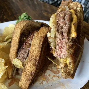 Sweet onion patty melt, cooked medium rare.