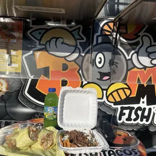 The atomica breakfast burrito and asada chillaquiles