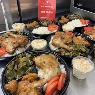 Sunday Meal, Baked Chicken, Rice, Collard Greens, Yams, Potato Salad