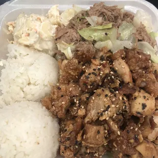 Furikake chicken with Kalua Pork and Cabbage Plate