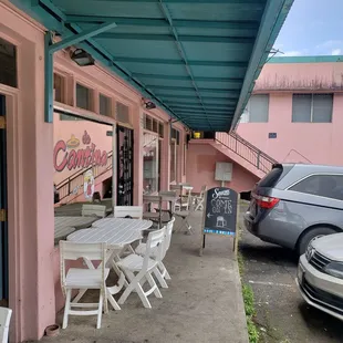 Outside seating and parking area