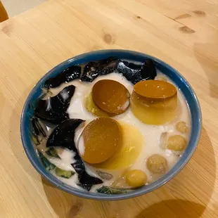 Really good Coffee flan, grass jelly, green jelly noodle, longan-