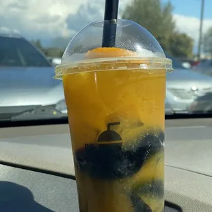 Peach Tea with boba and rice jelly