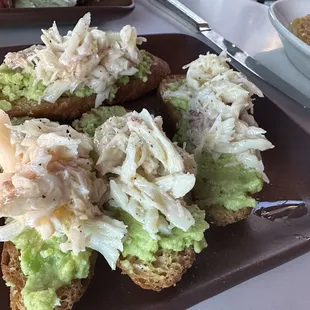 Crostini with favio purée and crab meat
