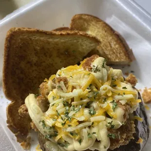 Fried Chicken Loaded Potato w/ side of grill cheese toast