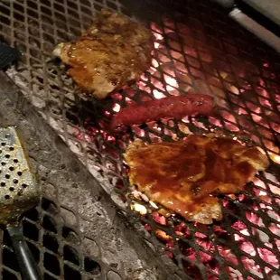 Grilled smoked sausage and ribs