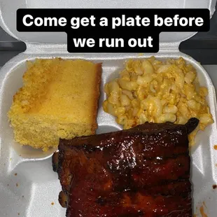 Cornbread mac and cheese and BBQ ribs