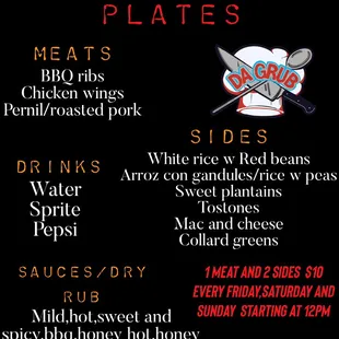 Friday Saturday and Sunday day grub on plates menu