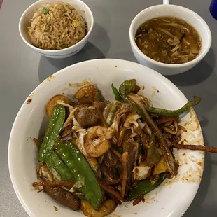 Good hot and sour soup and fried rice. Final cooked option extra saucy.