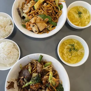 White rice, Mongolian grill, Egg drop soup