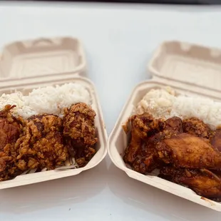 two takeout containers of chicken and rice