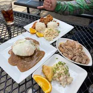 Loco Moko, Garlic Chicken Plate, Portland&apos;s Best Kalua Pork Plate, macaroni salad