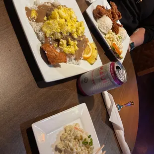 *Loco Moco w/ scrambled eggs, served w/a side of rice(bottom) *Garlic chicken (Top)