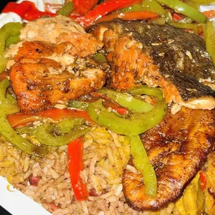 Jerk Salmon Rice  &amp; Peas Plantains