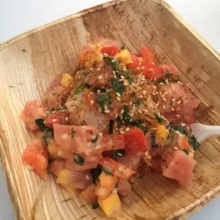 Tuna poke bowl. So happy to have mango on it!
