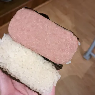 Spam musubi - you can see it wasn't pan-fried, looks like it was sliced right out the can.