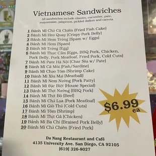 Banh mi menu