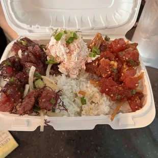 Poke bowl with crab salad, Hawaiian style &amp; Taegu poke.