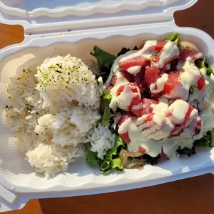 wasabi ahi poke with mixed greens and rice