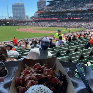 a plate of food in a stadium