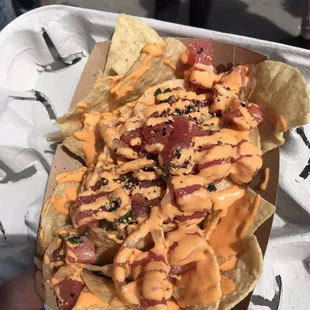 Poké with Spicy Mayo on top of chips