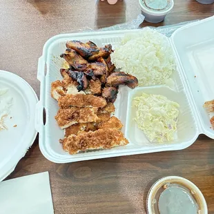 Chicken Katsu, Teriyaki Chicken, rice and Mac salad