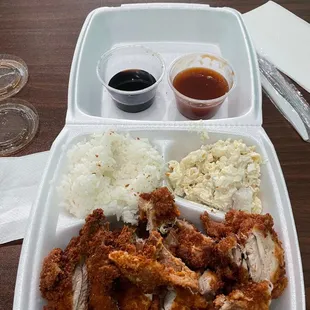 Chicken Katsu mini with rice and Mac salad.
