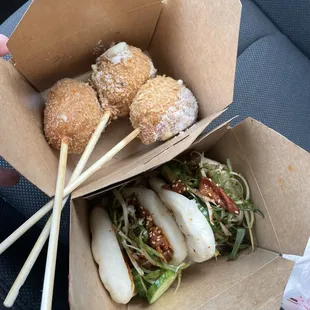 One bite Korean corn dogs &amp; spicy pork bao bun