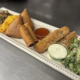 Catering Special Menu with Panko Crusted Fish, Veggie Samosas, Spring Rolls and Penne Pesto Parmesan Pasta Salad