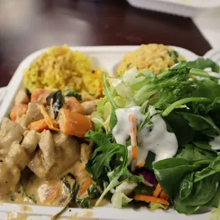 Thai Chicken Curry, Green Salad and Saffron Rice.