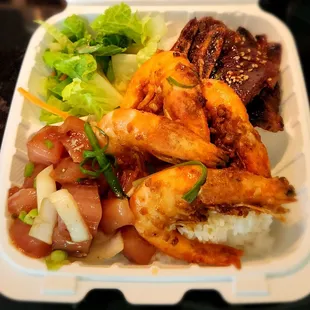 Trio plate - Kalbi, shrimp, and poke (choice of shoyu or spicy)