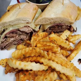 Smoked Brisket Garlic Bread French Dip with Fries