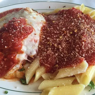 Chicken Parm. &amp; GF pasta.  The "breading" on chicken was superbly light and thin.  Also nice they accommodated "no added salt."