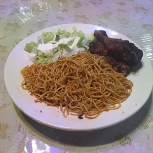 Roasted chicken, noodles, and lettuce salad