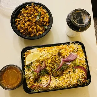 Goat Fry Biryani, Corn Masala