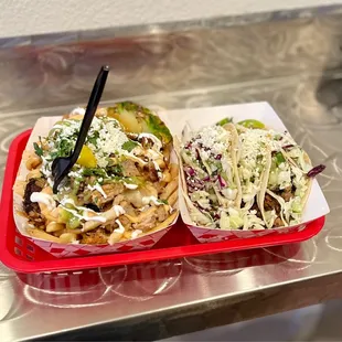 Pork belly fries and Asada tacos
