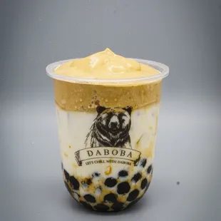 A rich layer of whipped coffee cream served over lightly sweetened milk and our signature brown sugar Boba made fresh daily.