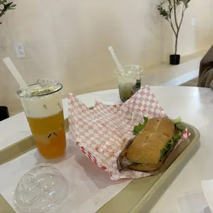 Turkey sandwich and boba mango green tea.