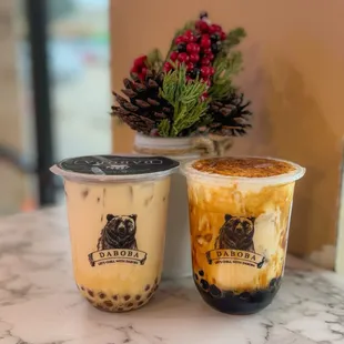 honey boba green milk tea, brown sugar pearl fresh milk