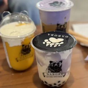 Mango frappe, Vietnamese coffee w/ ube crème, taro milk tea w/ boba