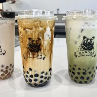 L to R: Honey Golden Pearl Green Milk Tea, Roasted Brown Sugar Pearl Milk Tea, Roasted Brown Sugar Pearl Matcha, Milk Tea with Grass Jelly.