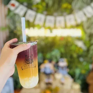 a person holding a glass of iced tea