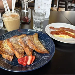 French Toast Combo, scrambled eggs with cheese, and bacon.