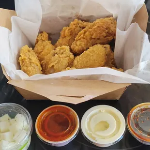 Chicken and dip sauces, and pickled radish