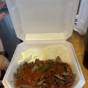 Mix beef and lamb kabob plate with rice