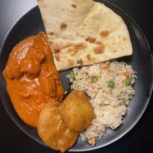 Vegetable Biryani, Butter Chicken, Pakora (Potato), and Naan Bread